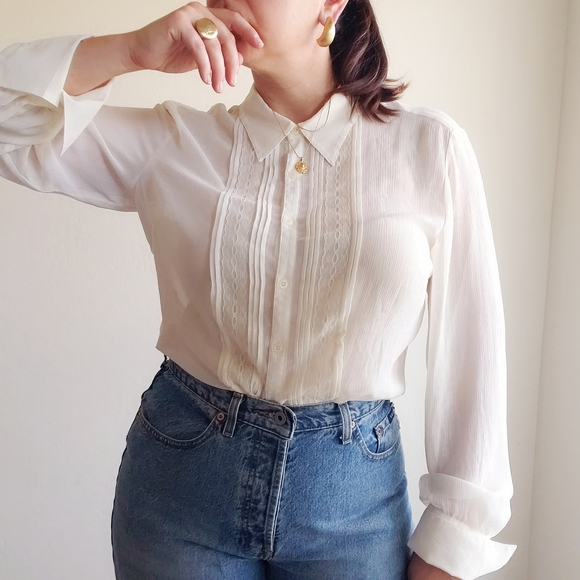 Vintage Gauzy Sheer Cream Blouse 90's Button Down - Picture 2 of 12
